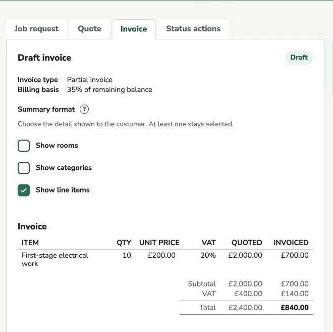 QuotePilot partial invoice draft showing quoted and invoiced totals.