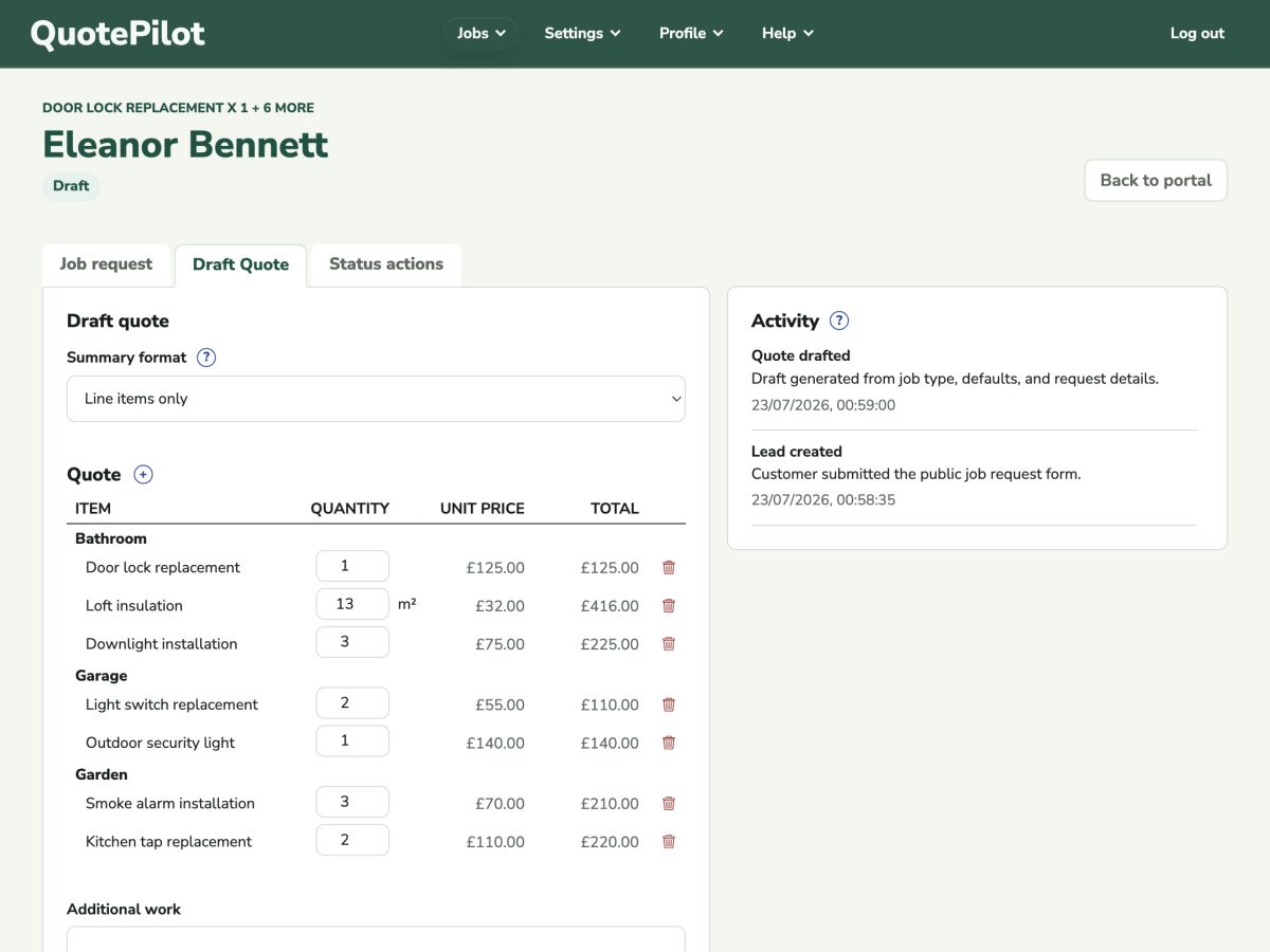 Trader portal showing a quote draft with customer response activity and editable quote details.