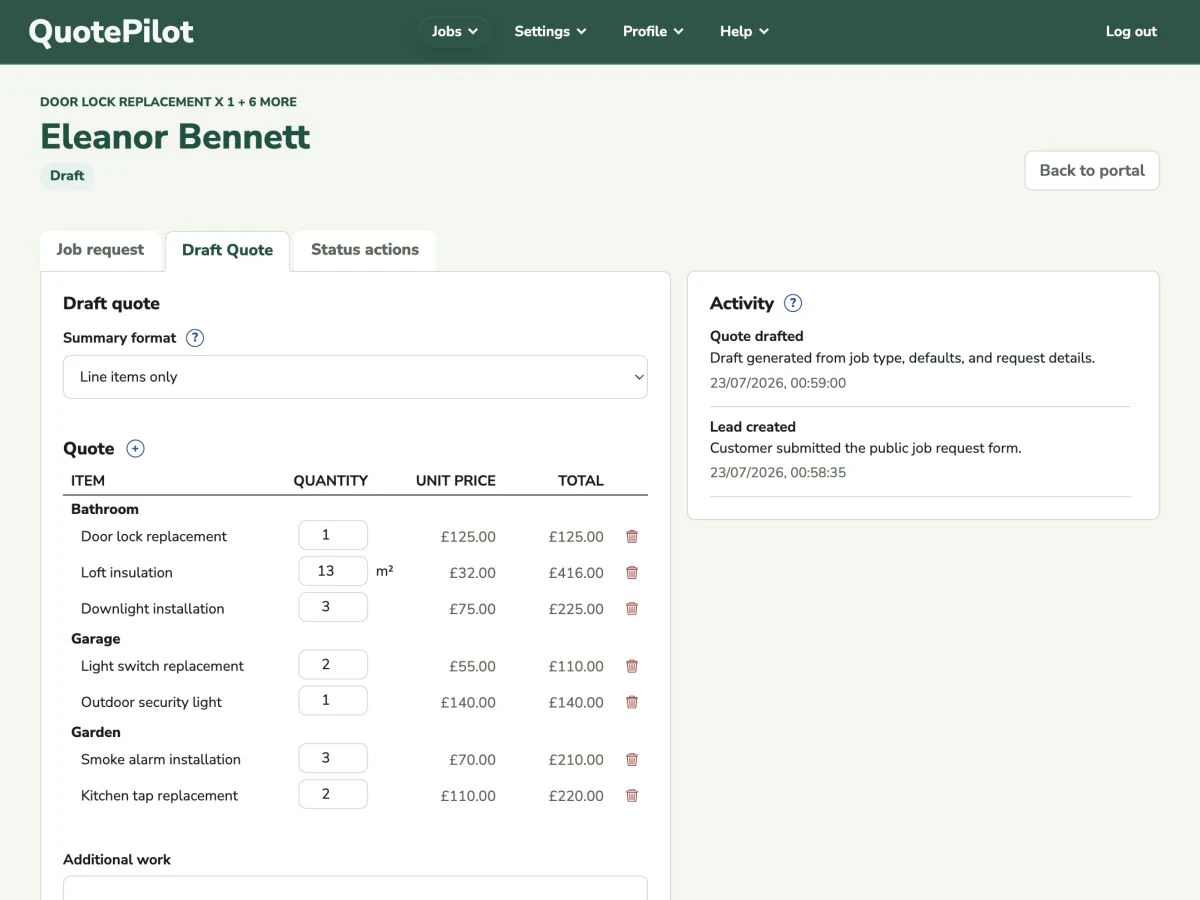 QuotePilot draft quote with roomed line items and job activity.