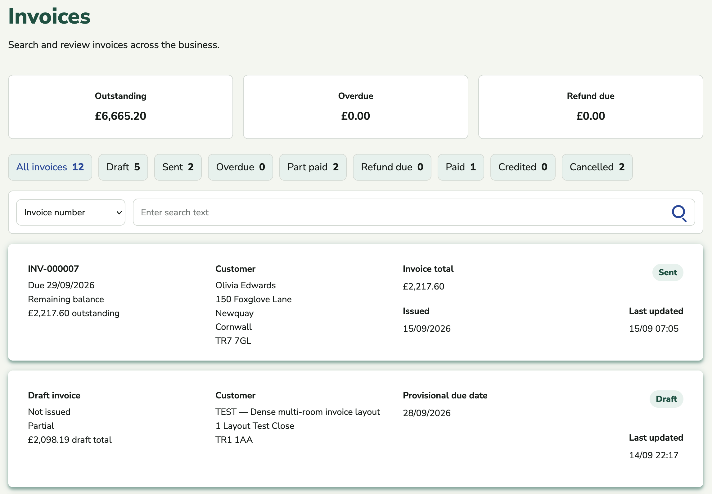 Example invoice board with outstanding balances and invoice status filters.