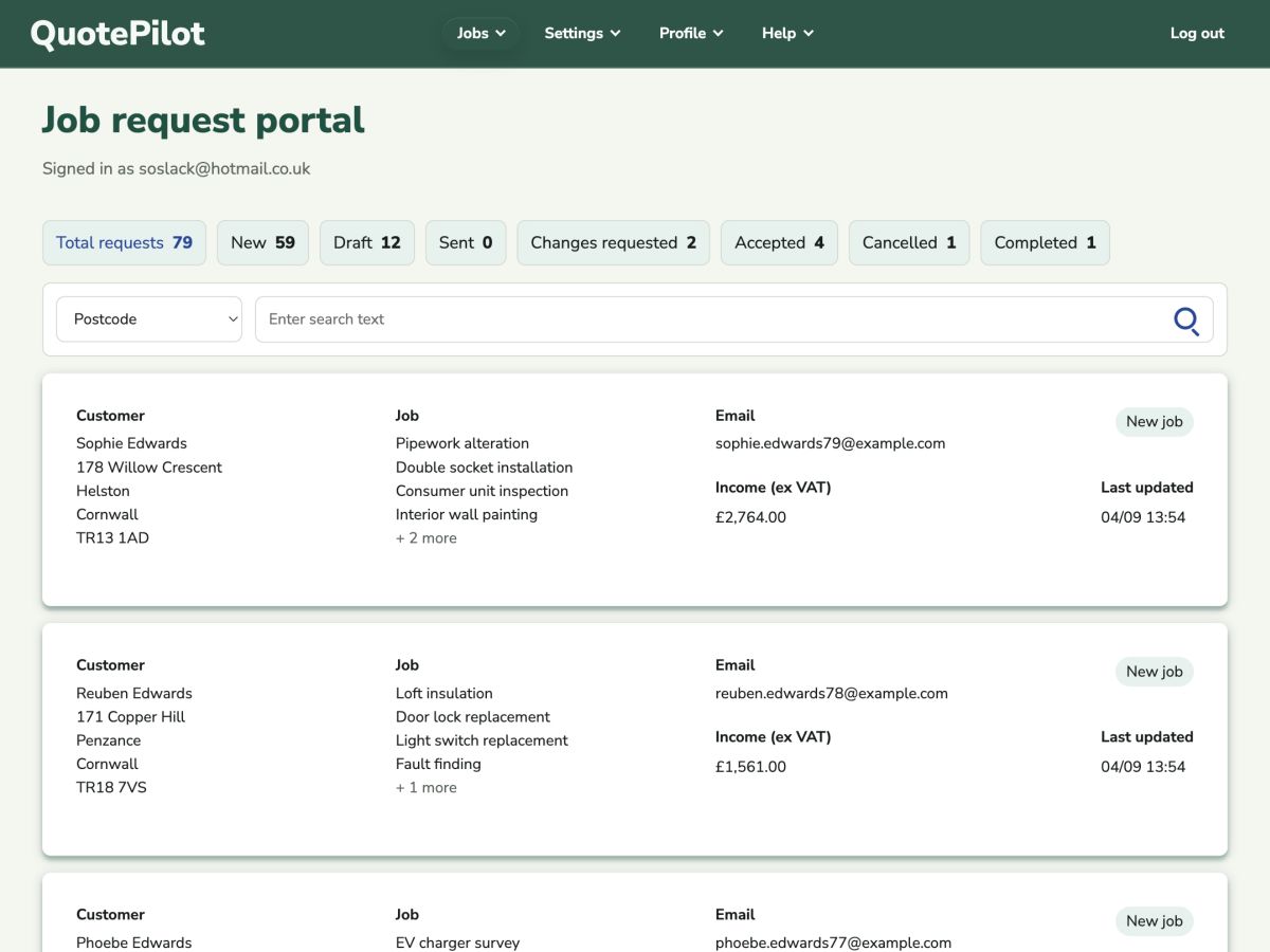 Trader portal showing job requests, status filters, search, lead states, and quote outcomes.