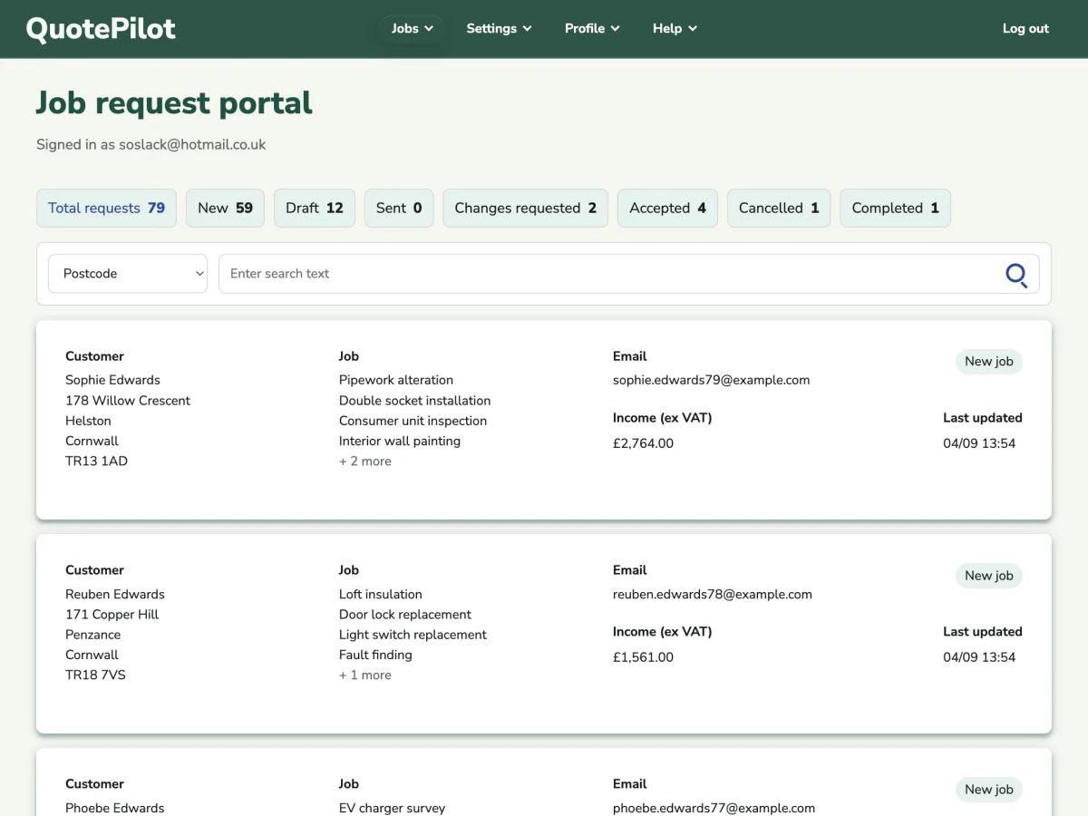 Job board showing new, changes requested and accepted quote status filters.