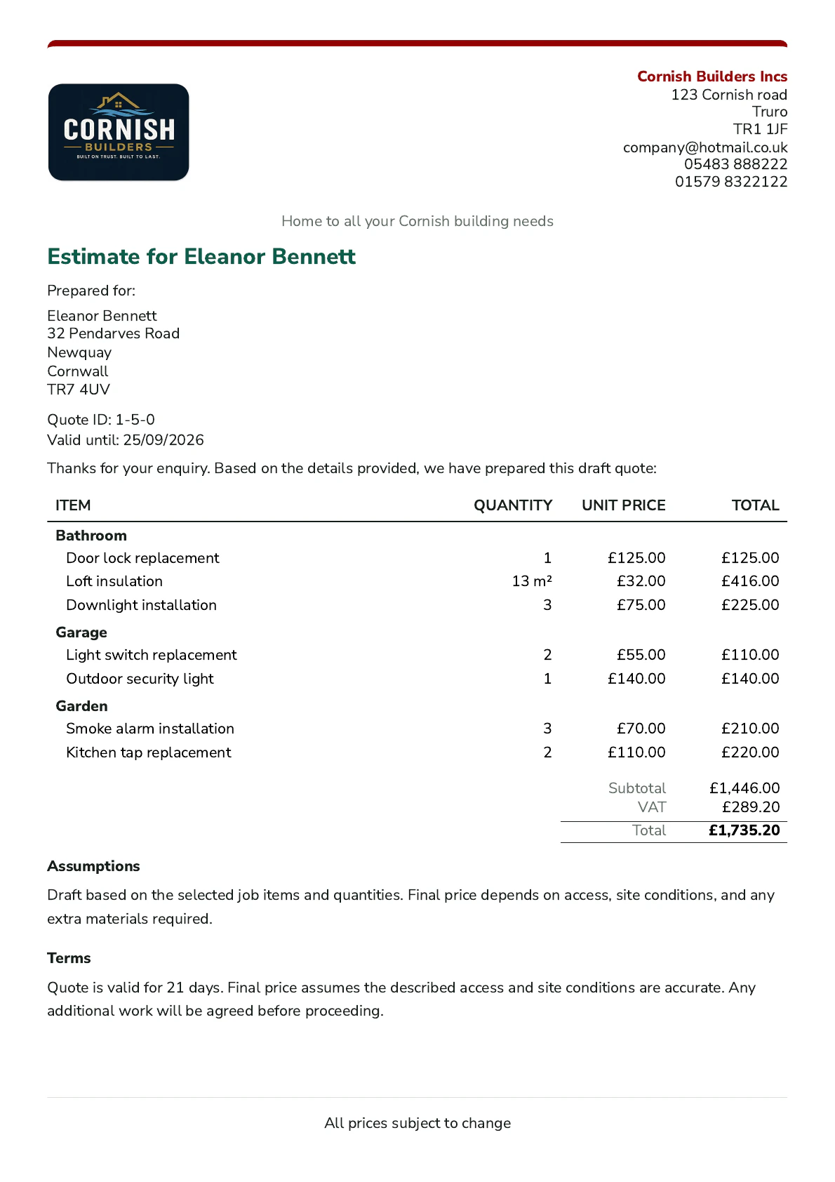 Example branded QuotePilot customer quote with item breakdown and totals.