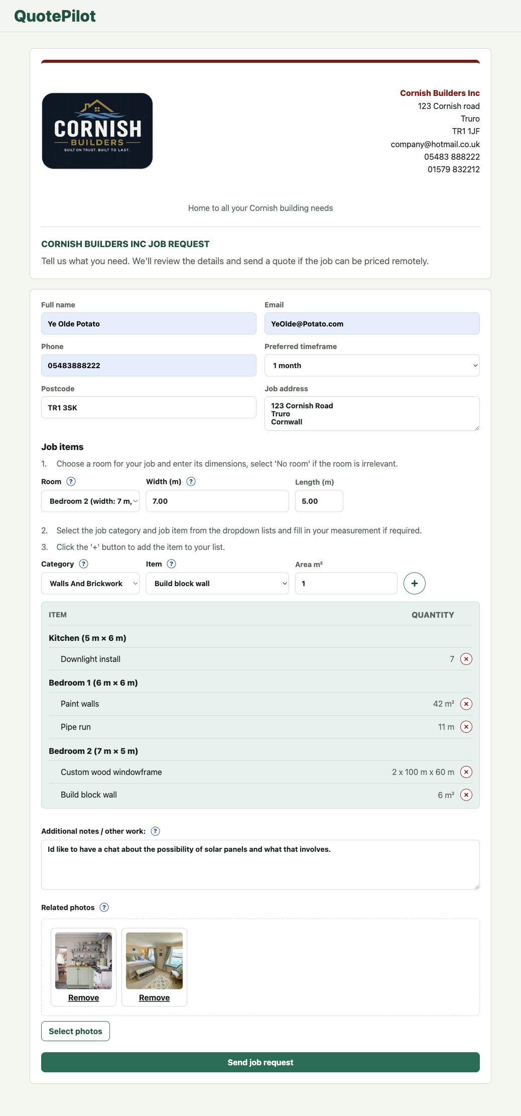 Filled customer request form with rooms, measurements, services, notes, and photos.