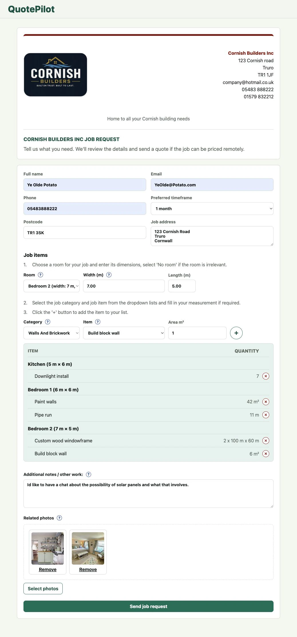 Example customer job request with services, rooms and measurements.
