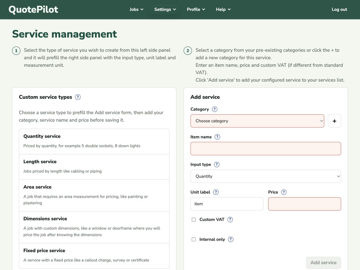 Custom services screen showing service types and controls for category, unit, price, VAT, and visibility.
