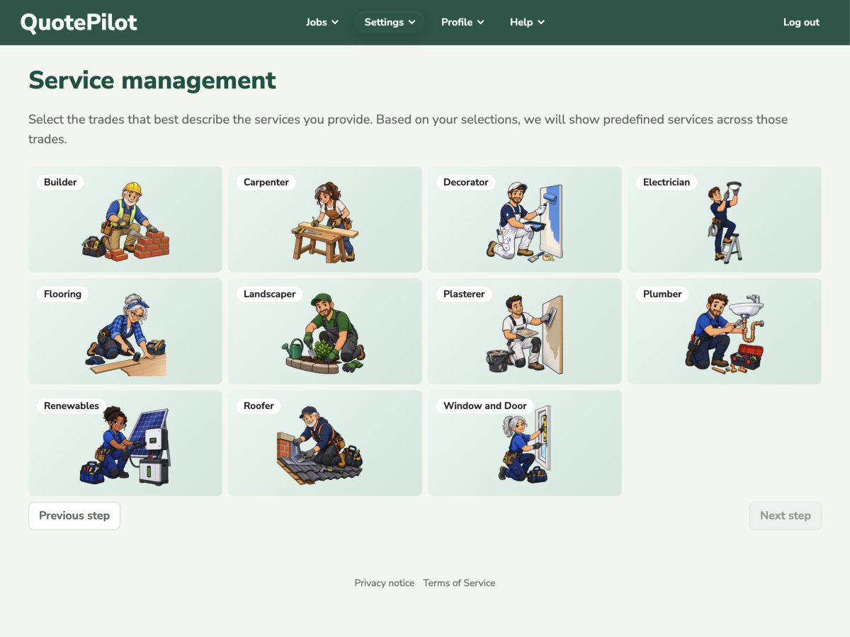 Service management screen showing the guided selection of trades and starter services.