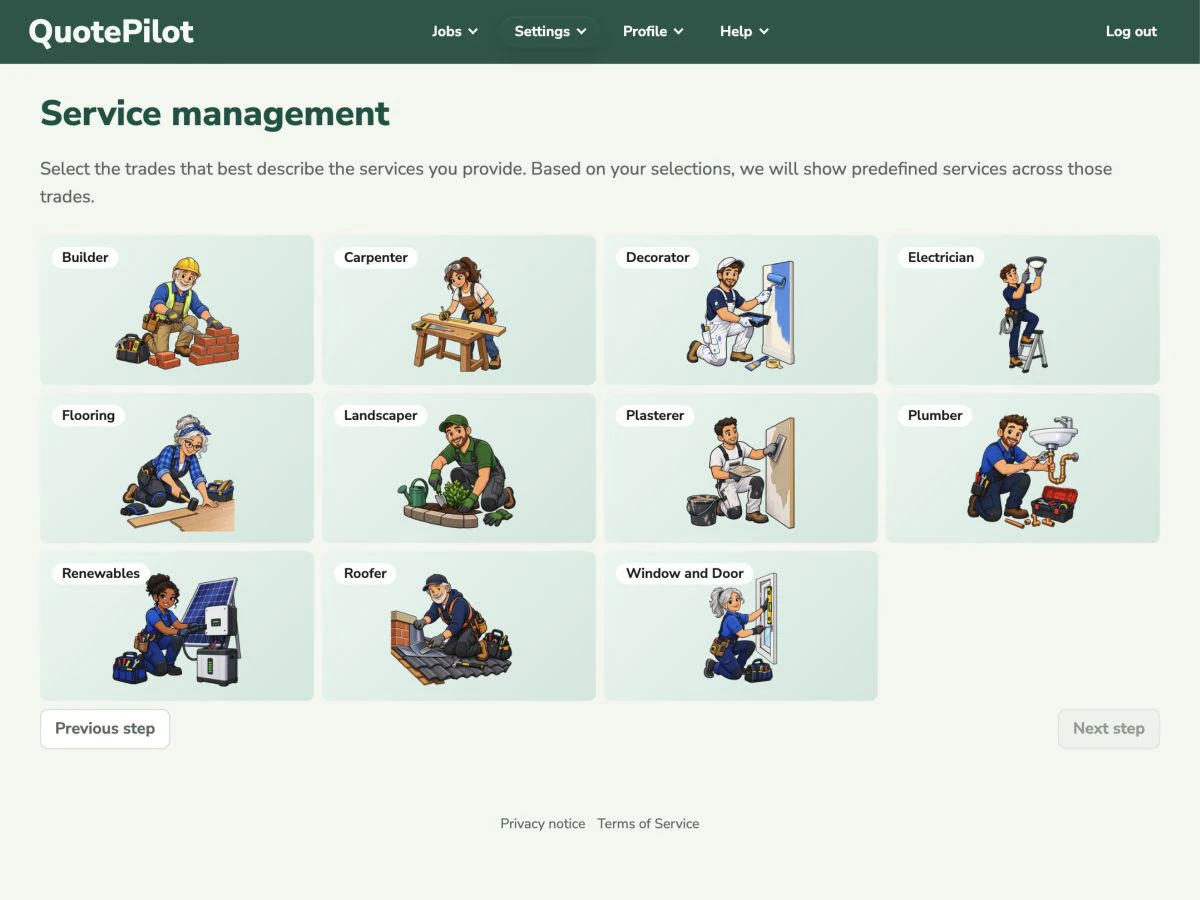 Guided service setup showing starter trades and services to choose from.